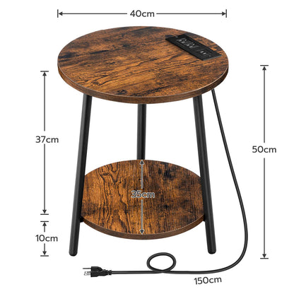 Round End Table with Charging Station - Rustic Brown - HWLEXTRA 