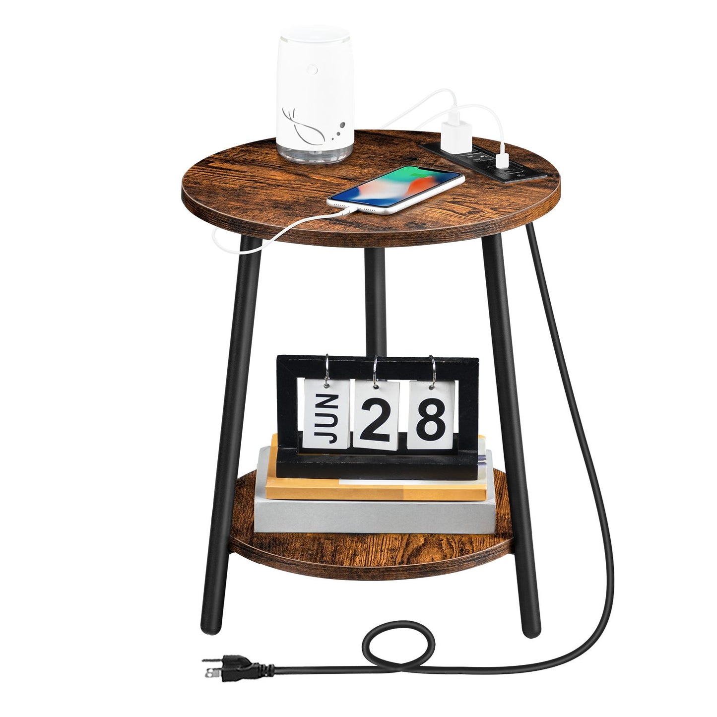 Round End Table with Charging Station - Rustic Brown - HWLEXTRA 
