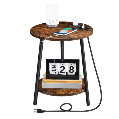 Round End Table with Charging Station - Rustic Brown - HWLEXTRA 