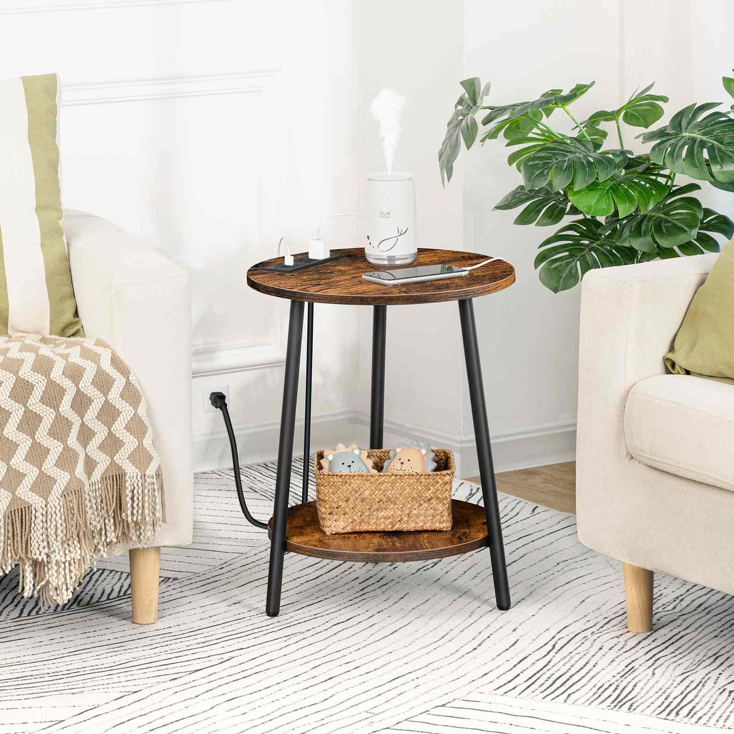 Round End Table with Charging Station - Rustic Brown - HWLEXTRA 