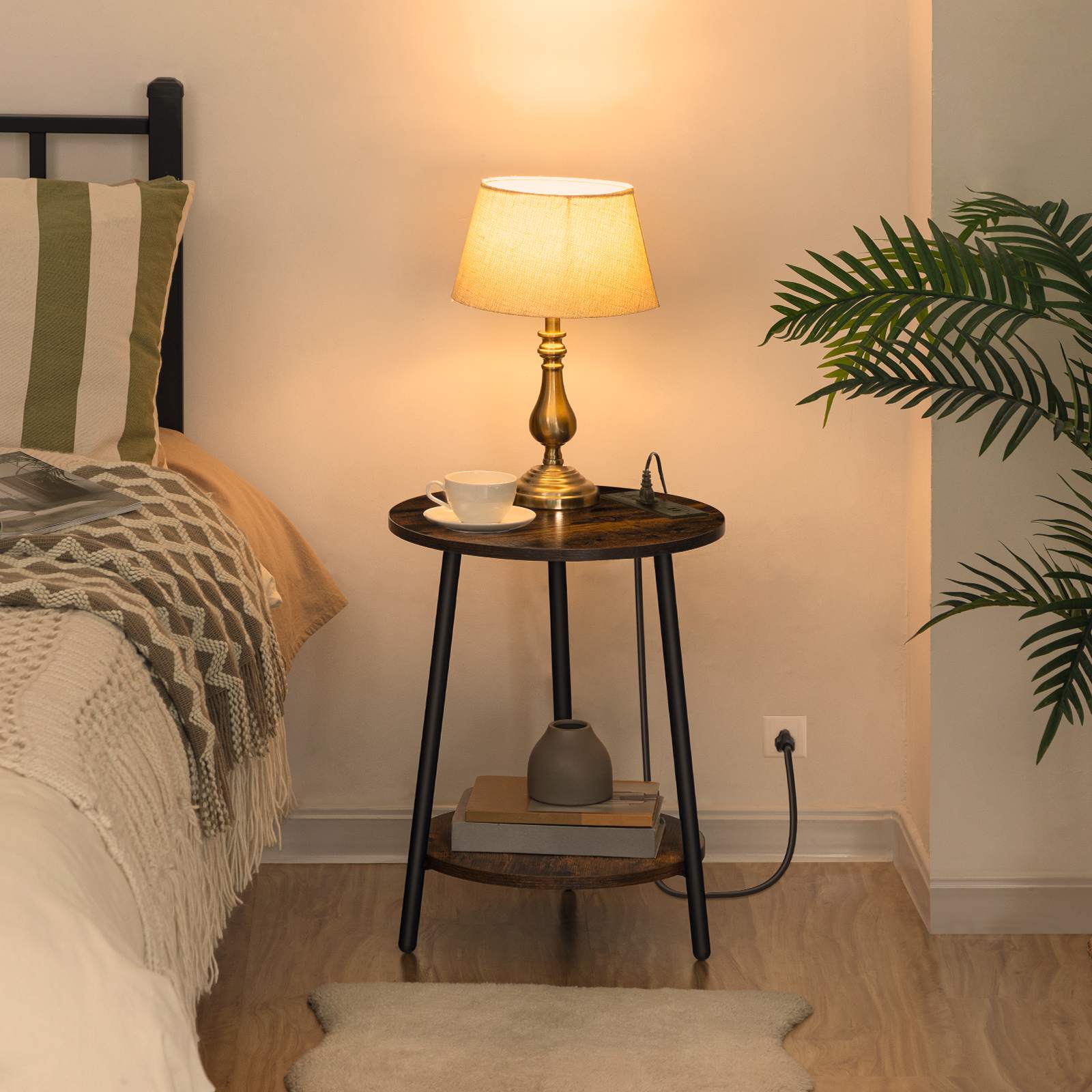 Round End Table with Charging Station - Rustic Brown - HWLEXTRA 