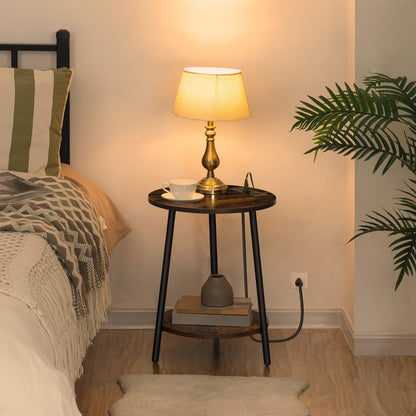Round End Table with Charging Station - Rustic Brown - HWLEXTRA 