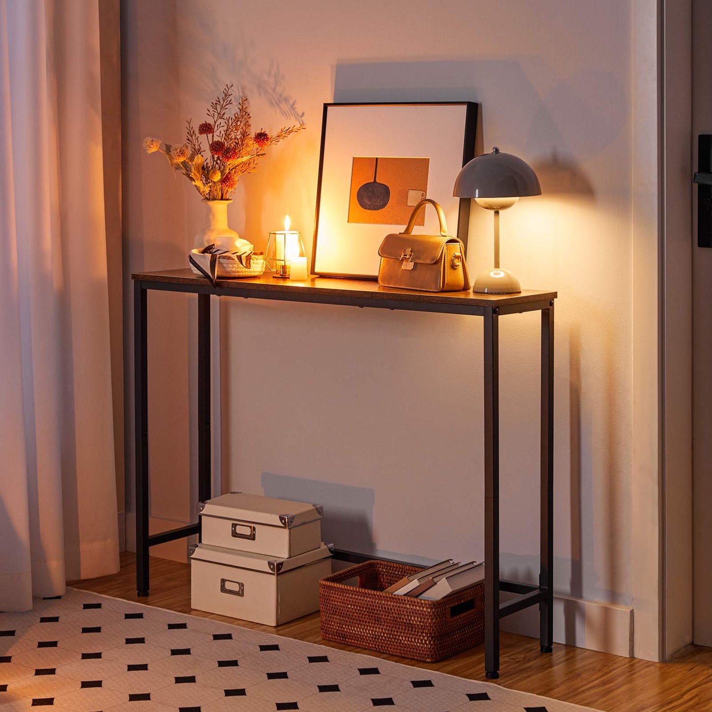 thin console table - rustic brown & black