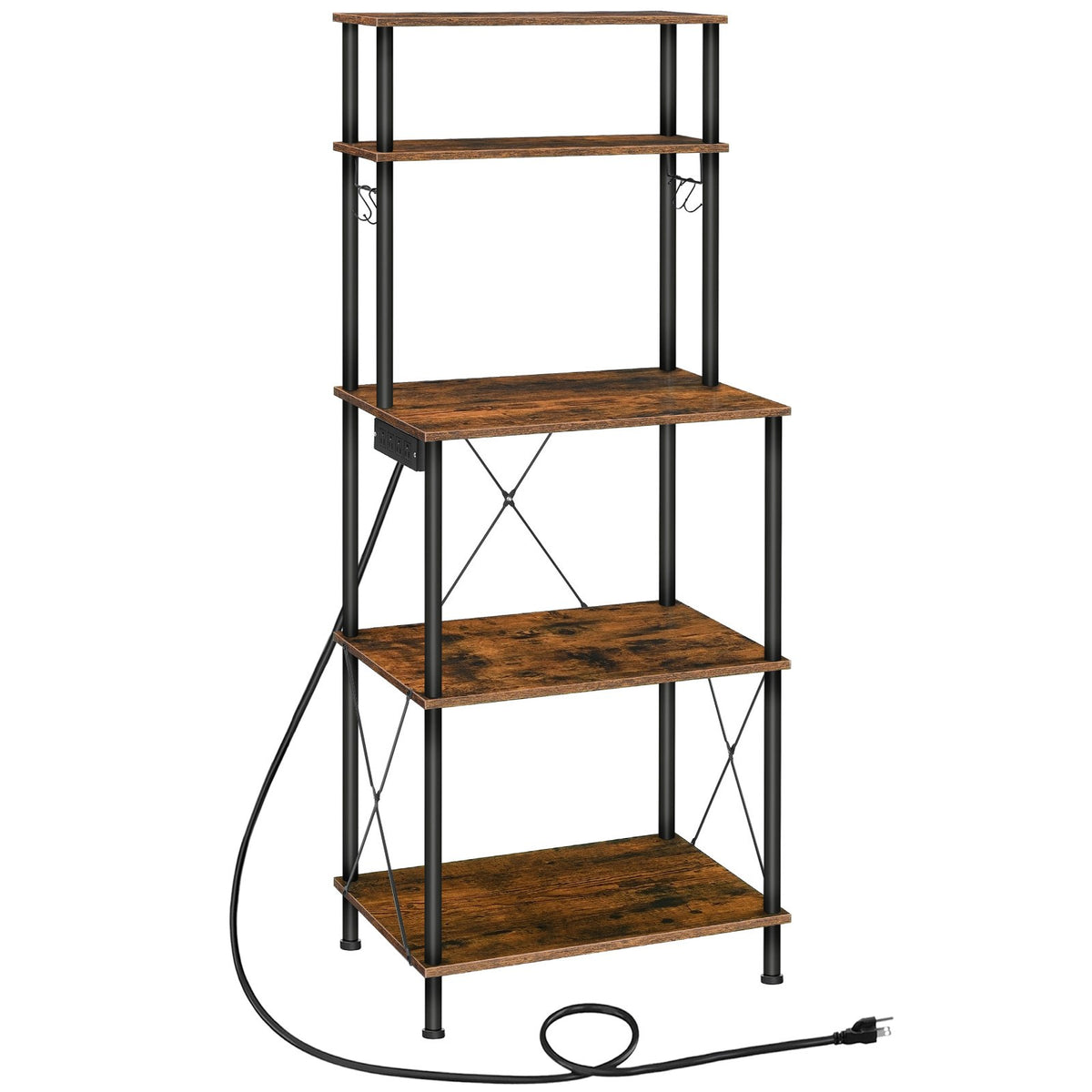 Kitchen Bakers Rack with Power Outlets Microwave Stand, Coffee Bar - Rustic Brown & Black