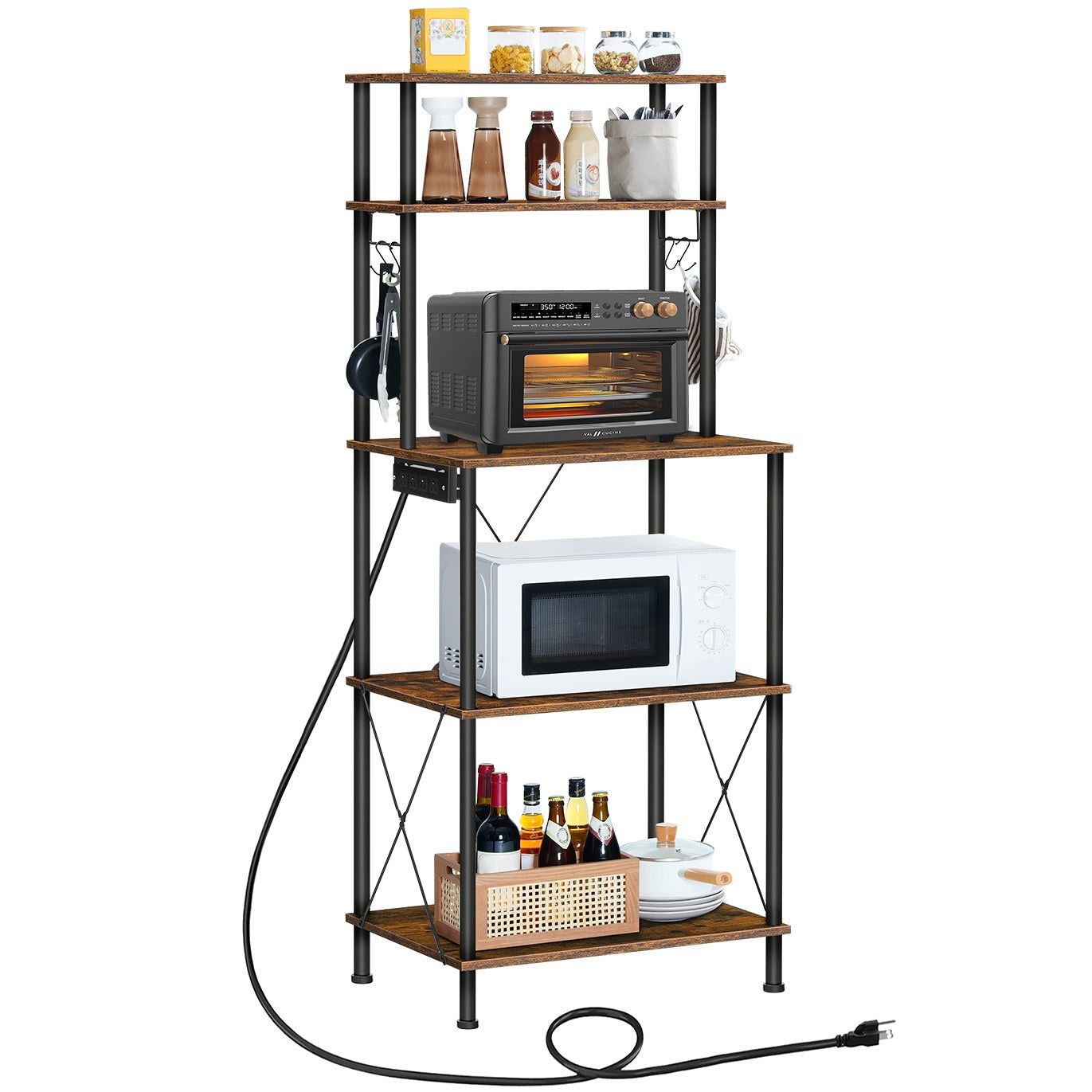 Kitchen Bakers Rack with Power Outlets Microwave Stand, Coffee Bar - Rustic Brown & Black