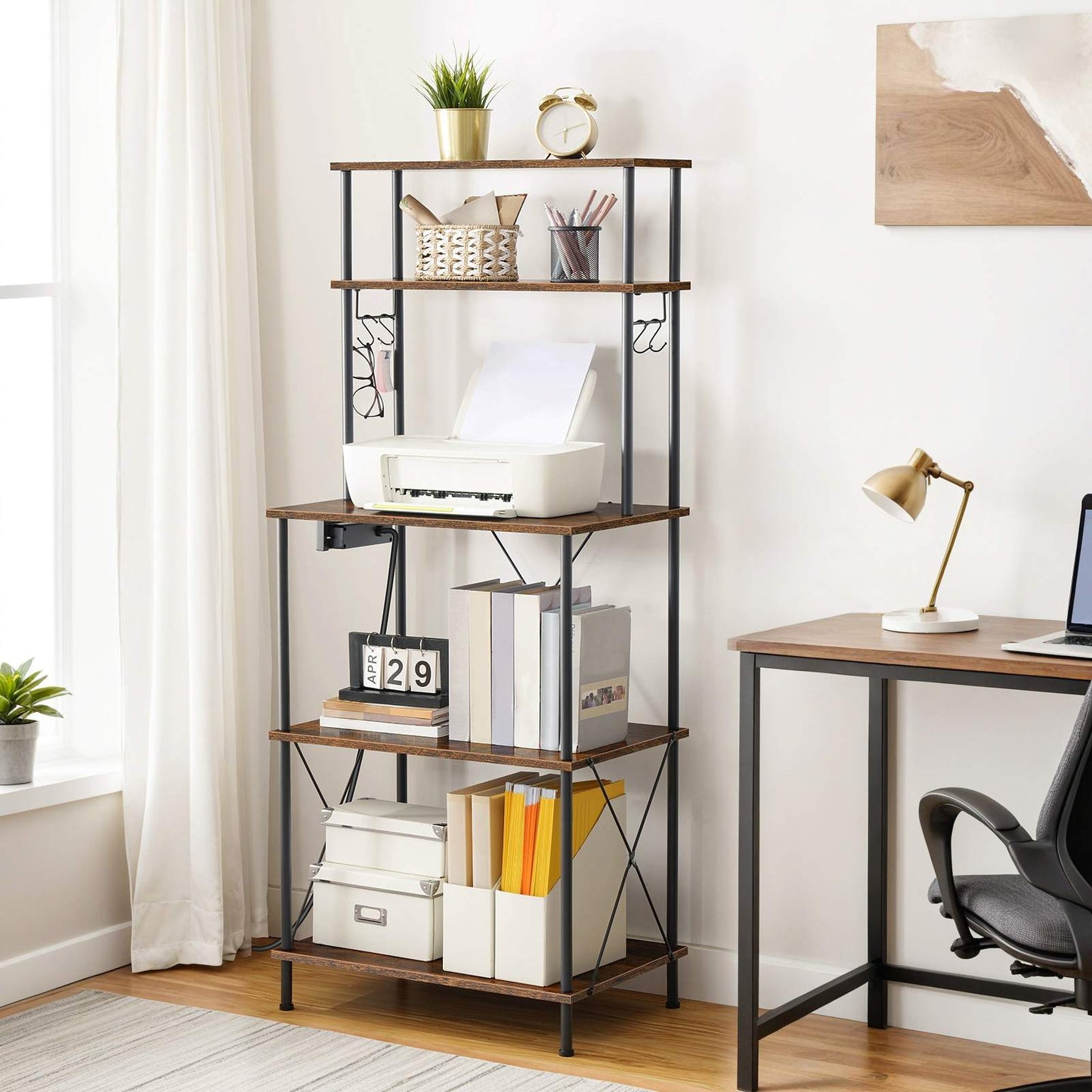 Kitchen Bakers Rack with Power Outlets Microwave Stand, Coffee Bar - Rustic Brown & Black