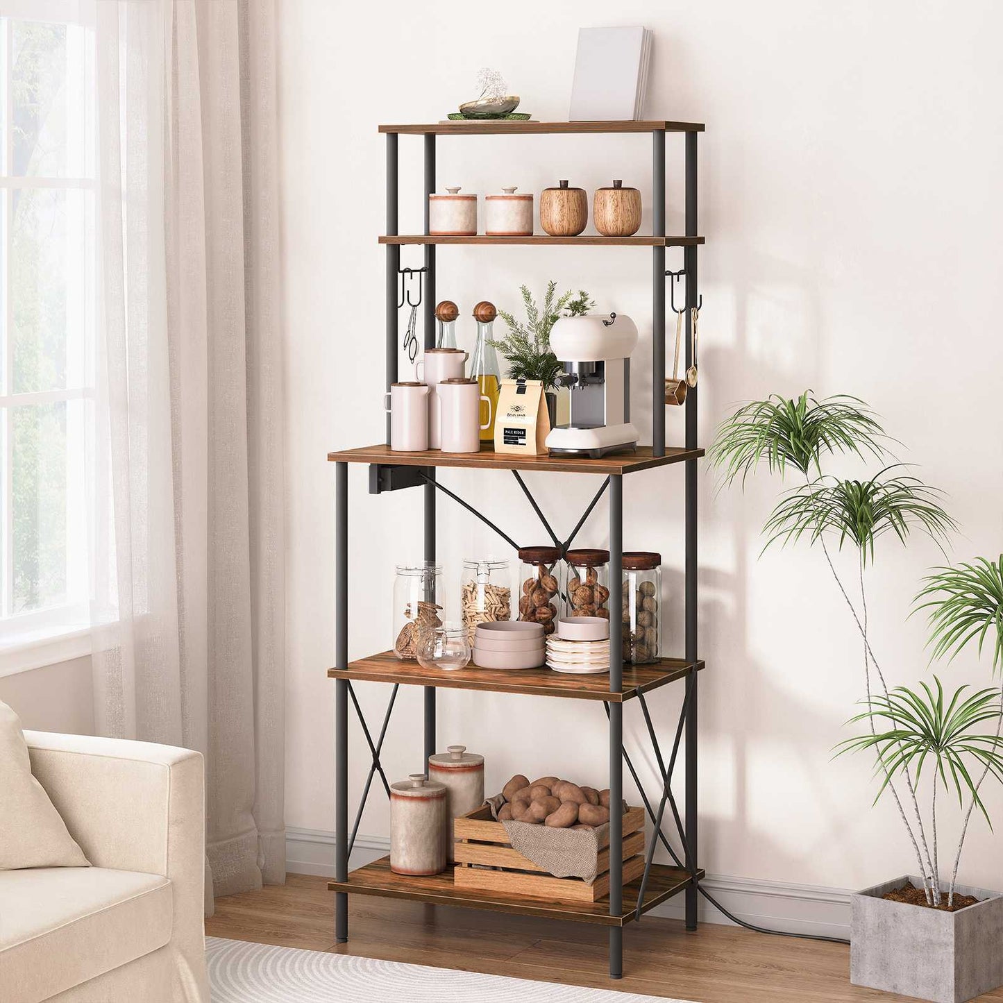 Kitchen Bakers Rack with Power Outlets Microwave Stand, Coffee Bar - Rustic Brown & Black