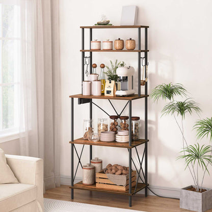 Kitchen Bakers Rack with Power Outlets Microwave Stand, Coffee Bar - Rustic Brown & Black