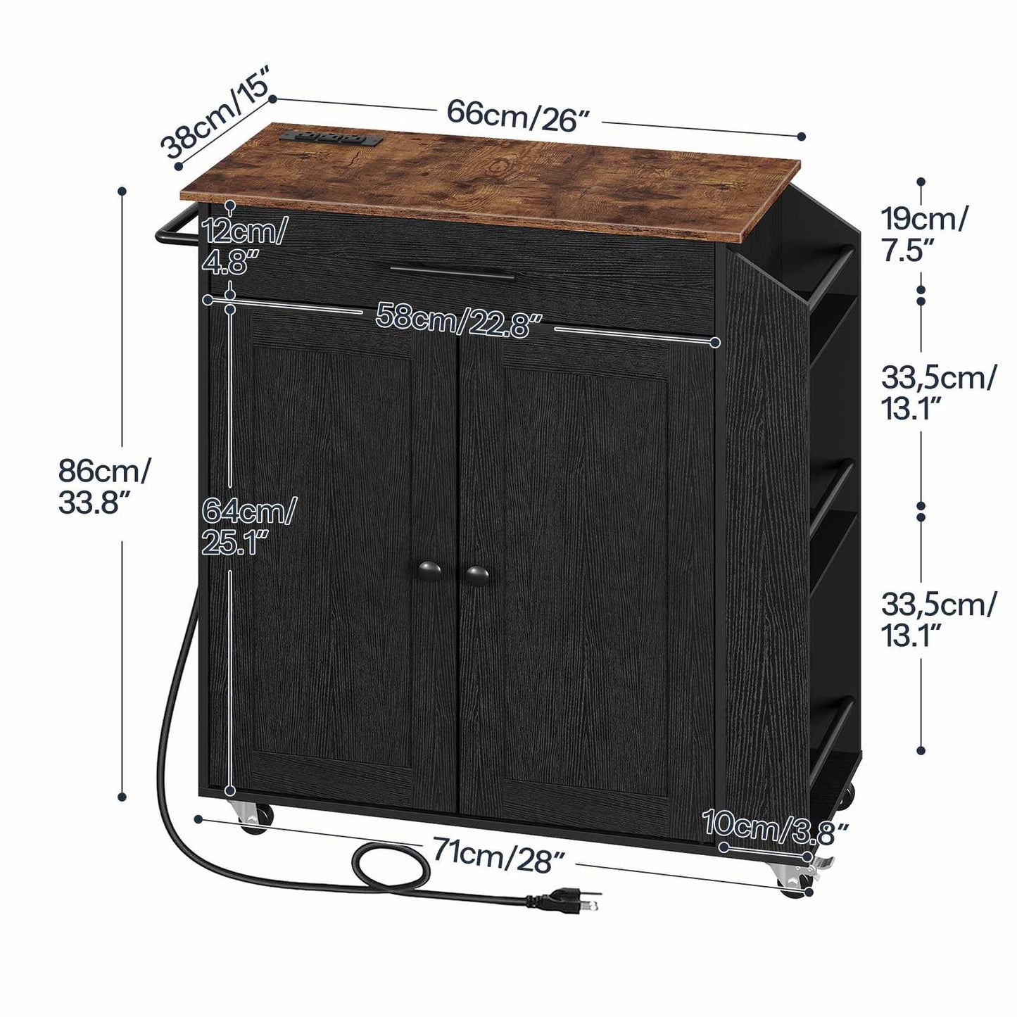 kitchen island with power outlet - rustic brown & black