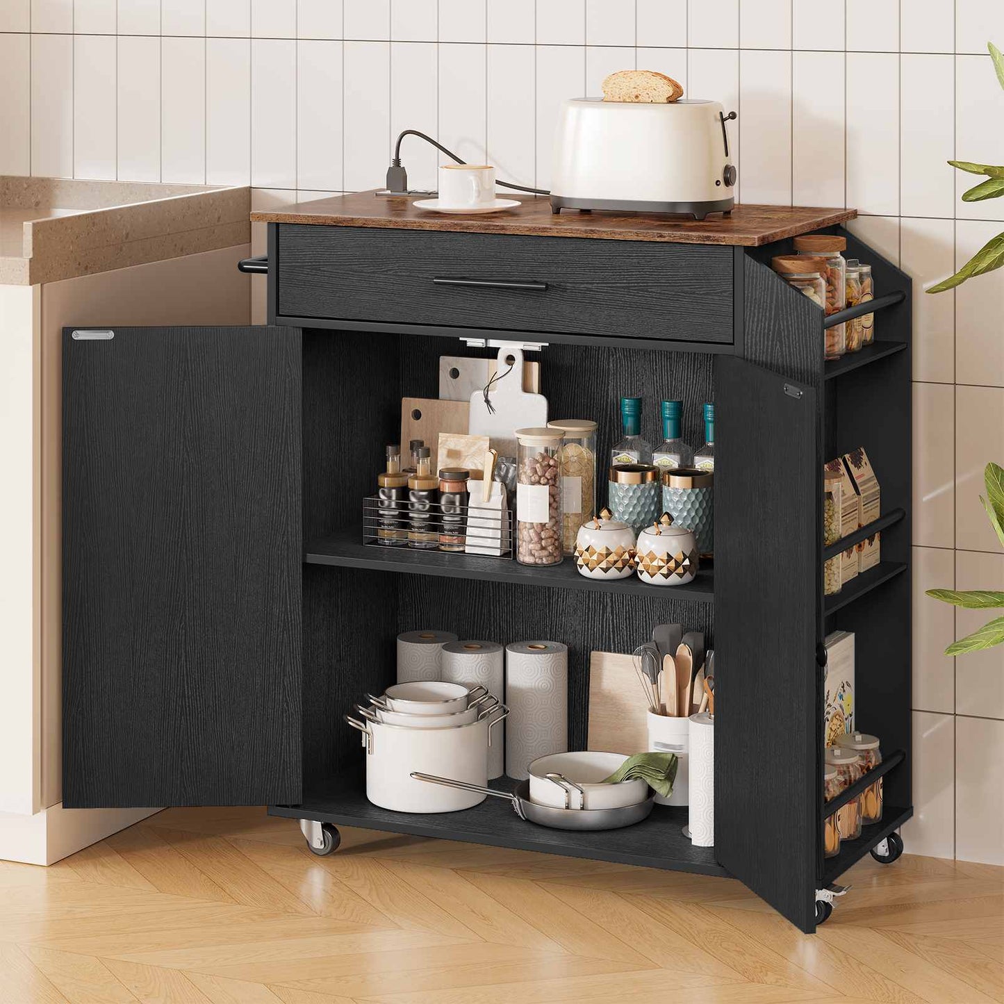 kitchen island with power outlet - rustic brown & black