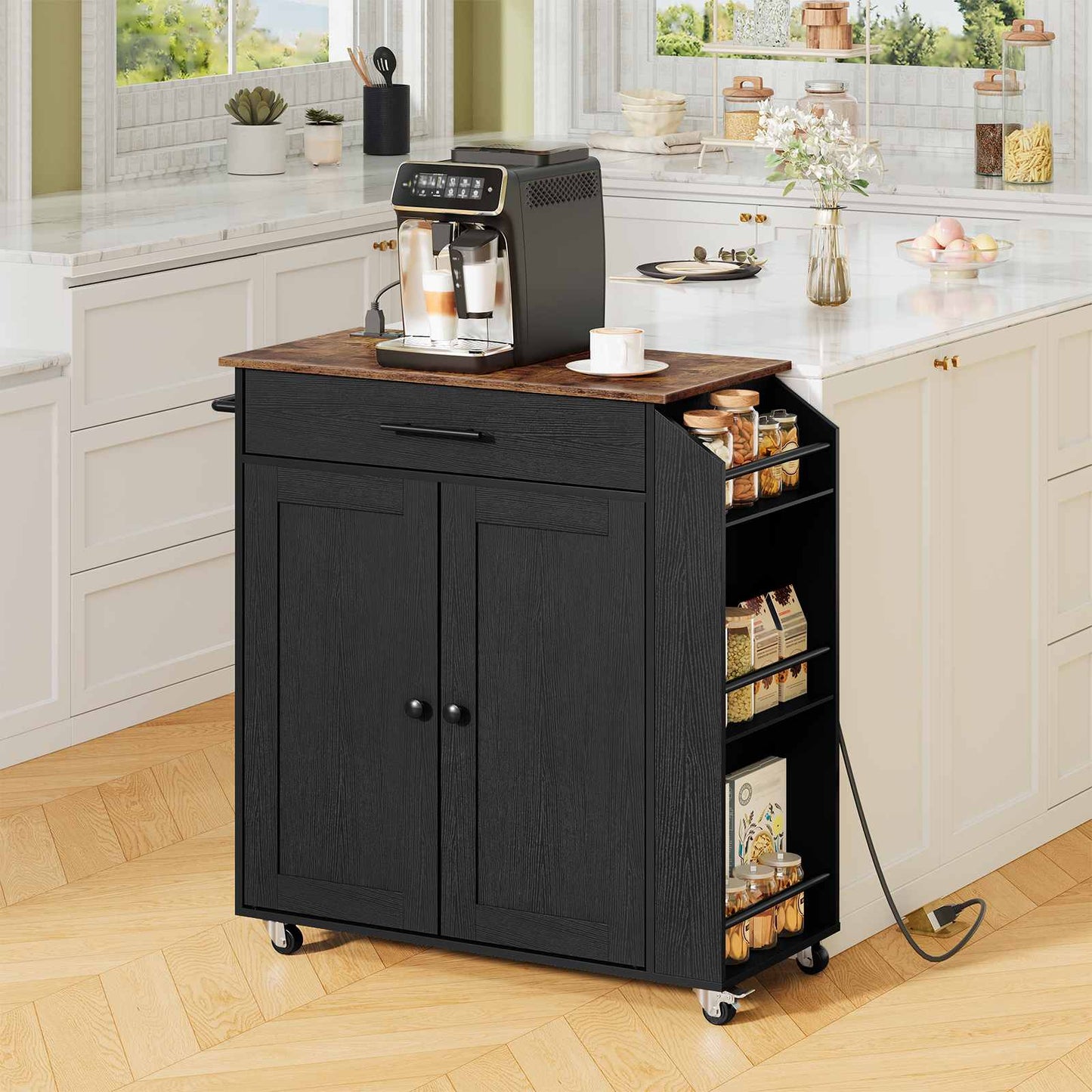 kitchen island with power outlet - rustic brown & black