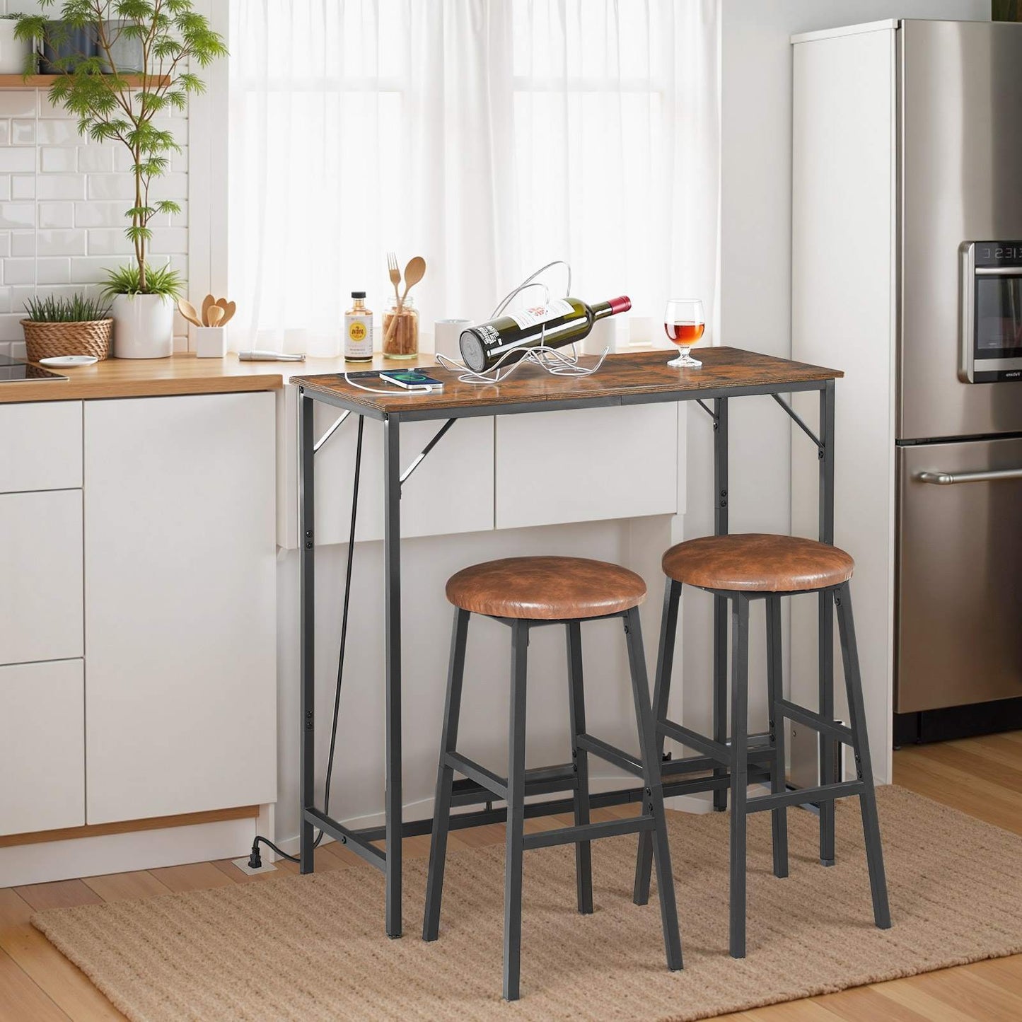Bar Table with Charging Station - Rustic Brown & Black