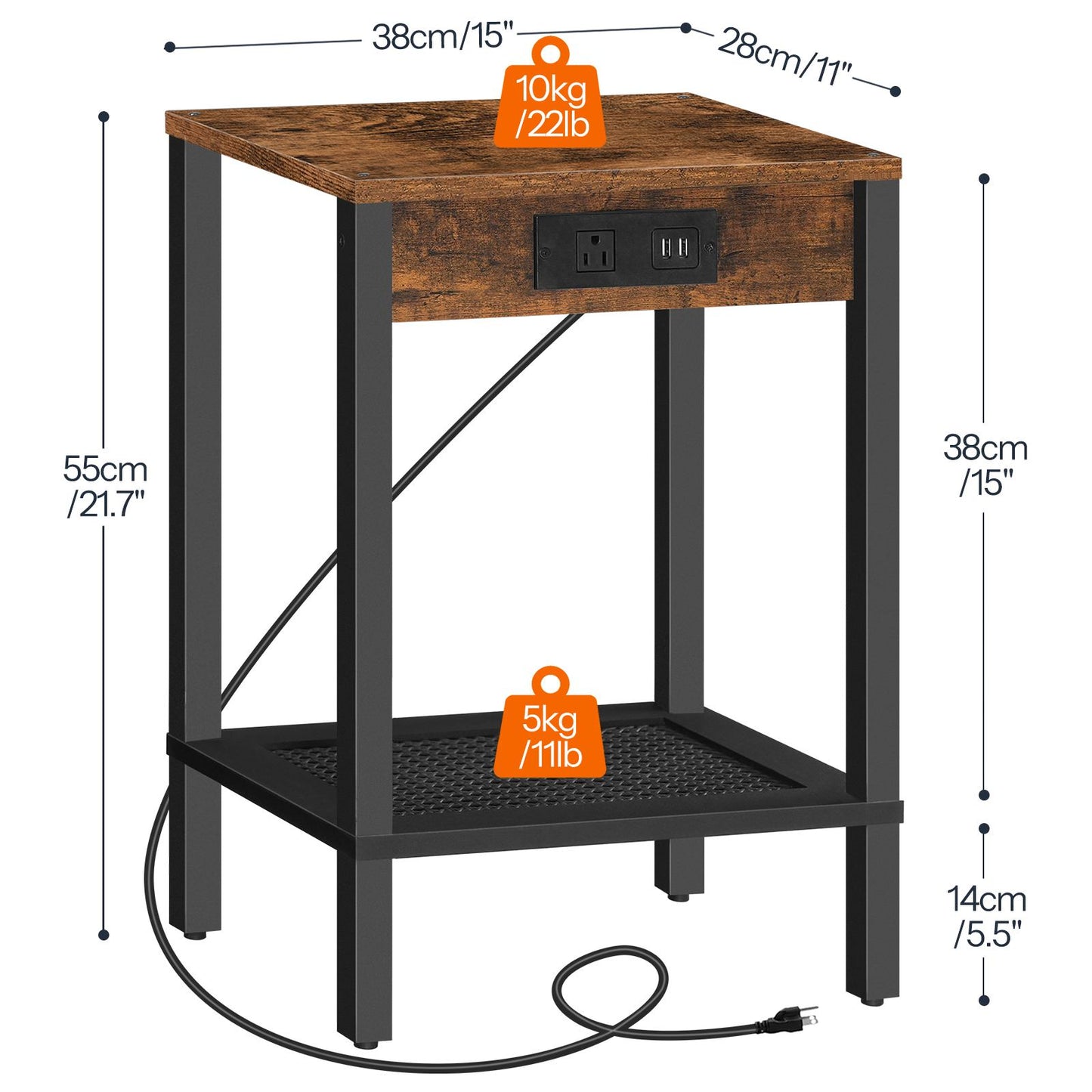 Side Table with Charging Station - Rustic Brown & Black