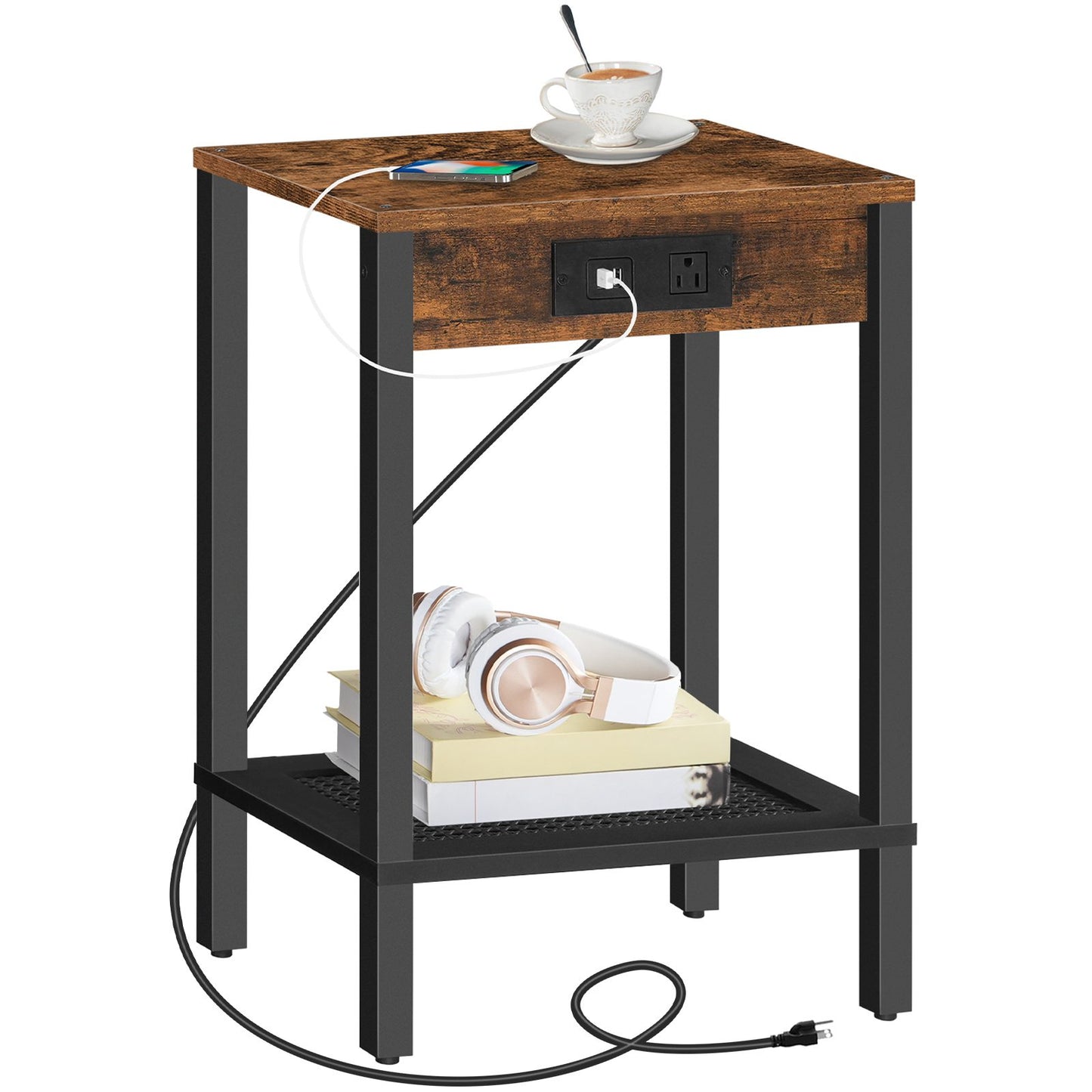 Side Table with Charging Station - Rustic Brown & Black