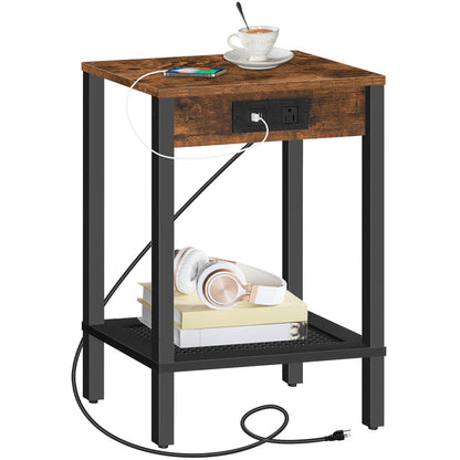 Side Table with Charging Station - Rustic Brown & Black