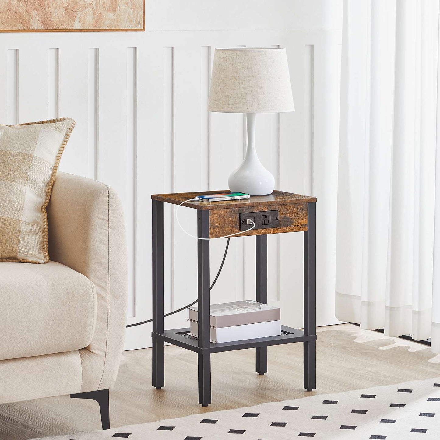 Side Table with Charging Station - Rustic Brown & Black