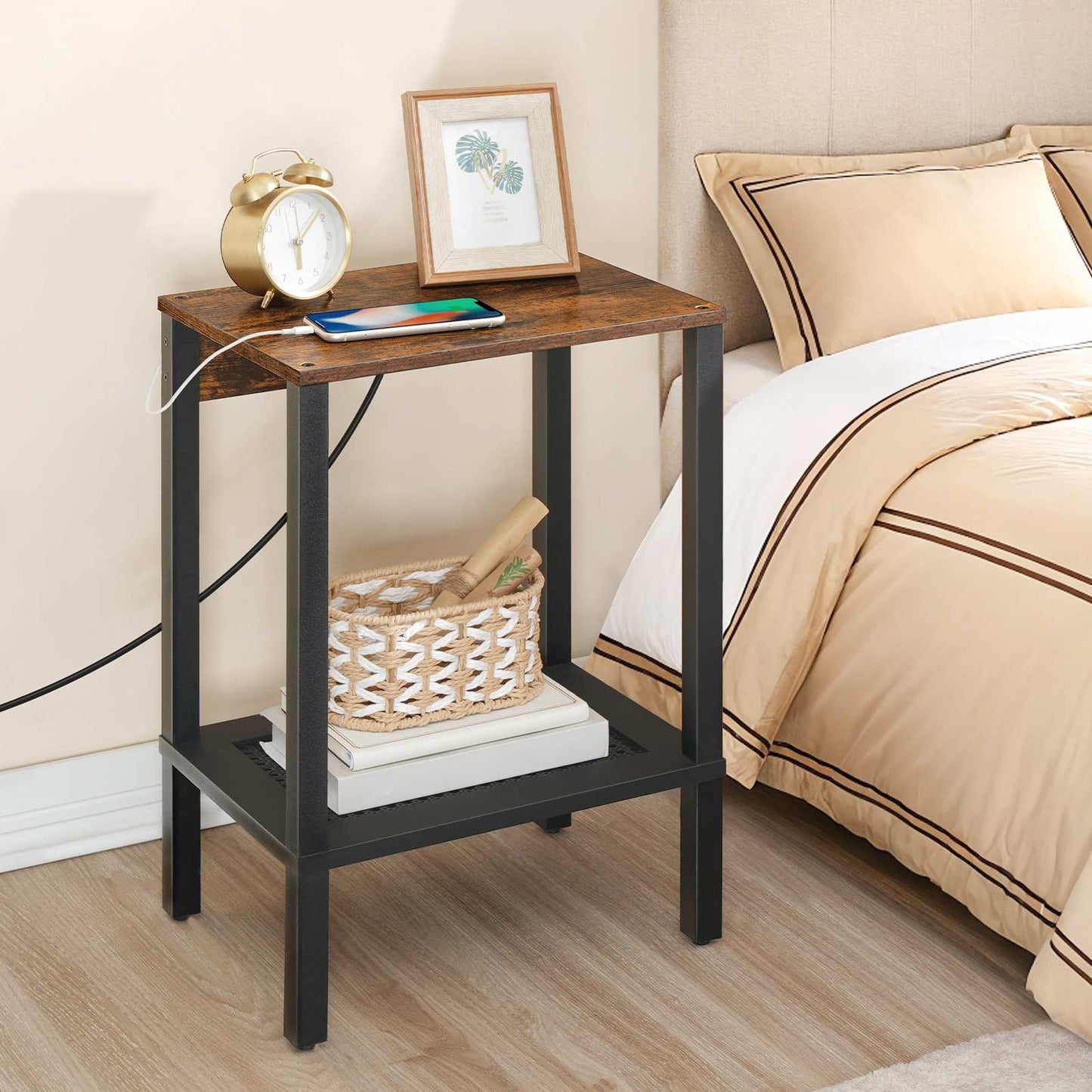 Side Table with Charging Station - Rustic Brown & Black
