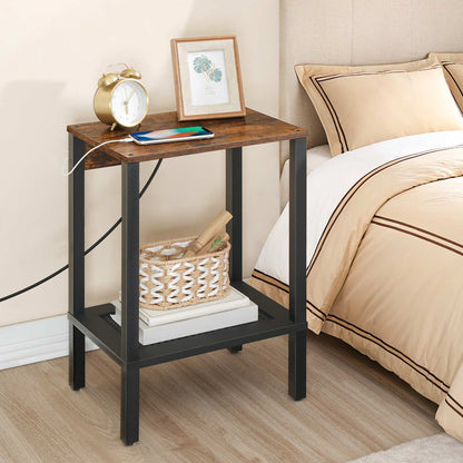 Side Table with Charging Station - Rustic Brown & Black