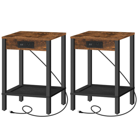 Side Table with Charging Station - Rustic Brown & Black