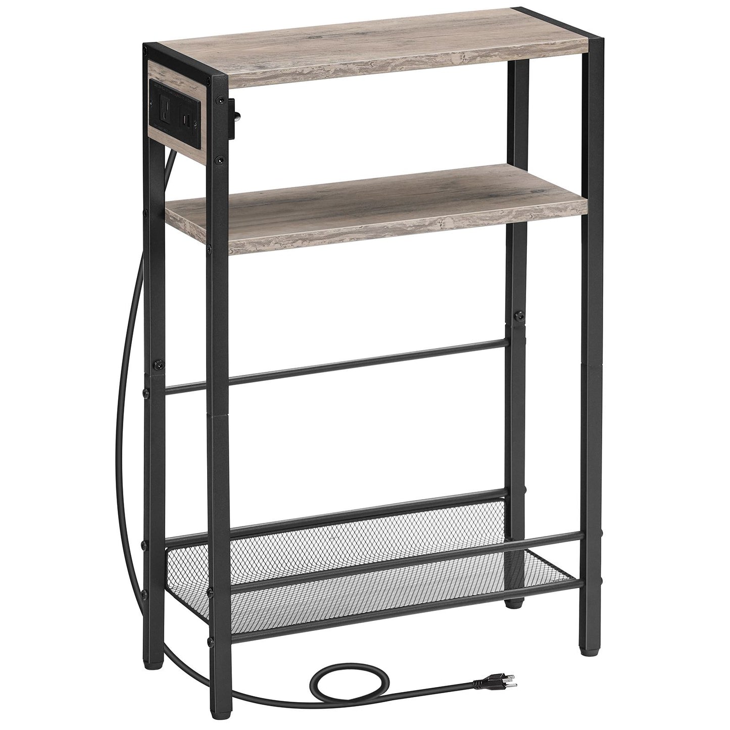 Small Narrow Side Table with Charging Station with Storage - Greige & Black