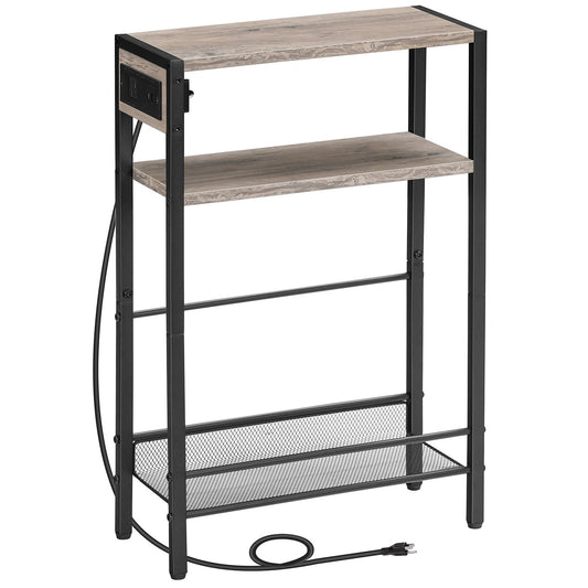 Small Narrow Side Table with Charging Station with Storage - Greige & Black