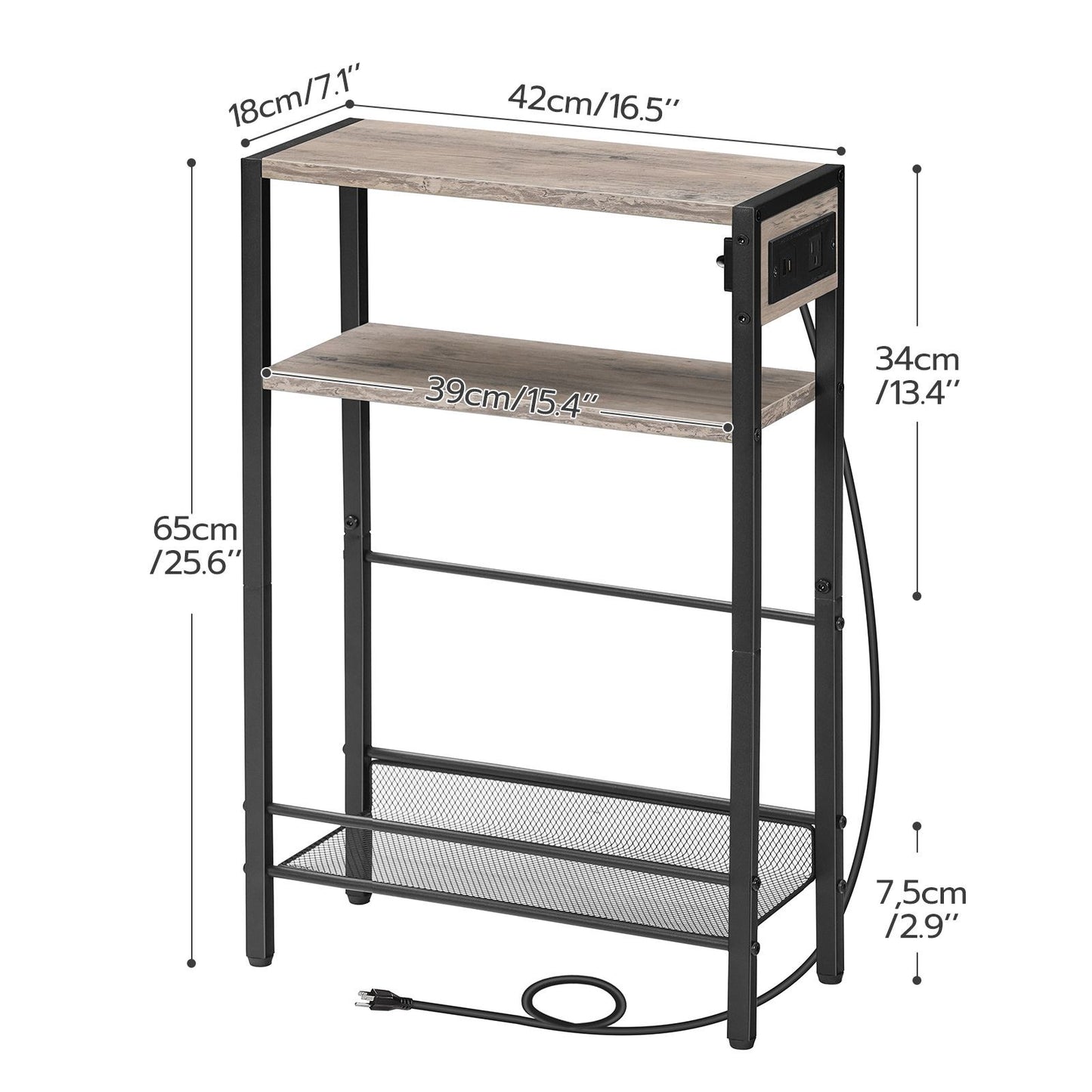 Small Narrow Side Table with Charging Station with Storage - Greige & Black