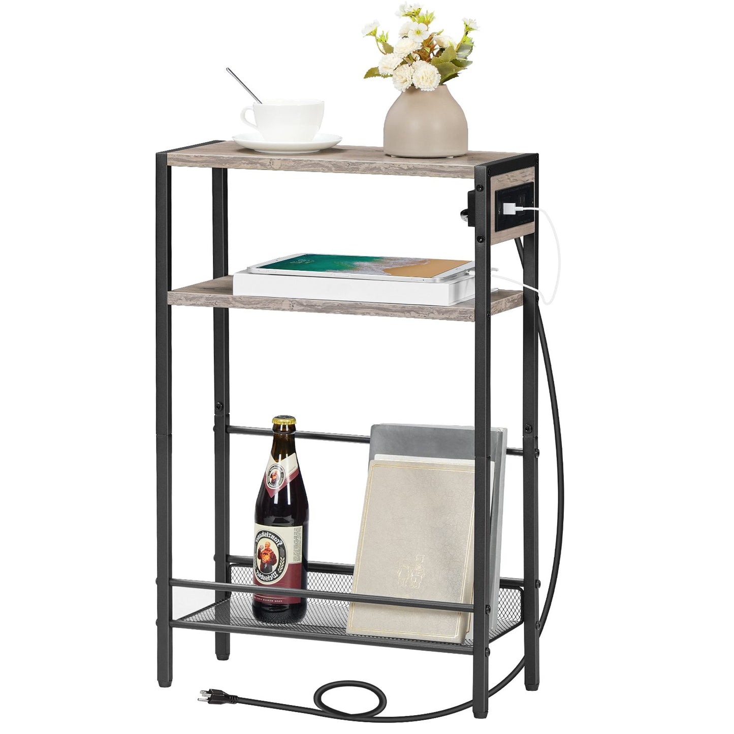 Small Narrow Side Table with Charging Station with Storage - Greige & Black
