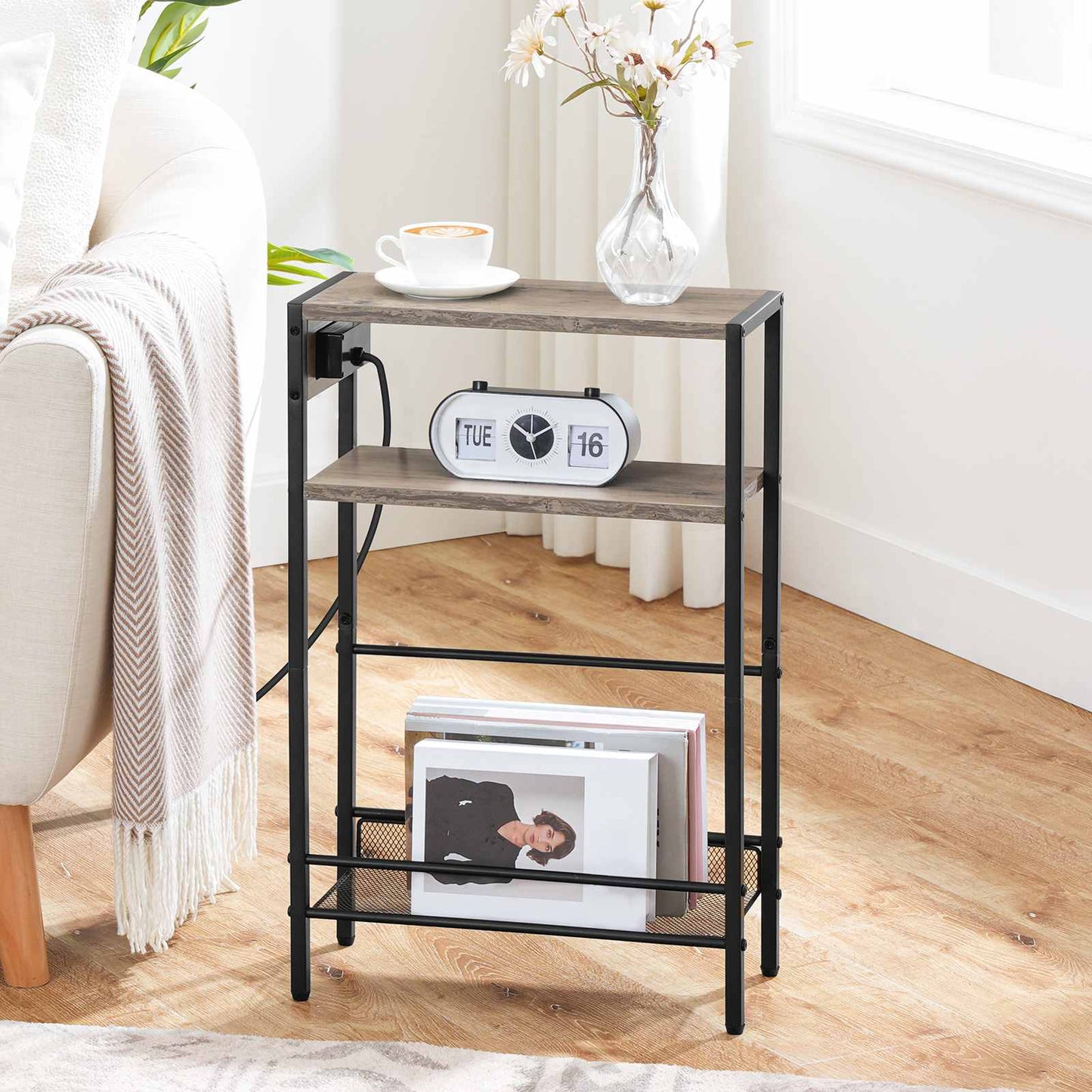 Small Narrow Side Table with Charging Station with Storage - Greige & Black