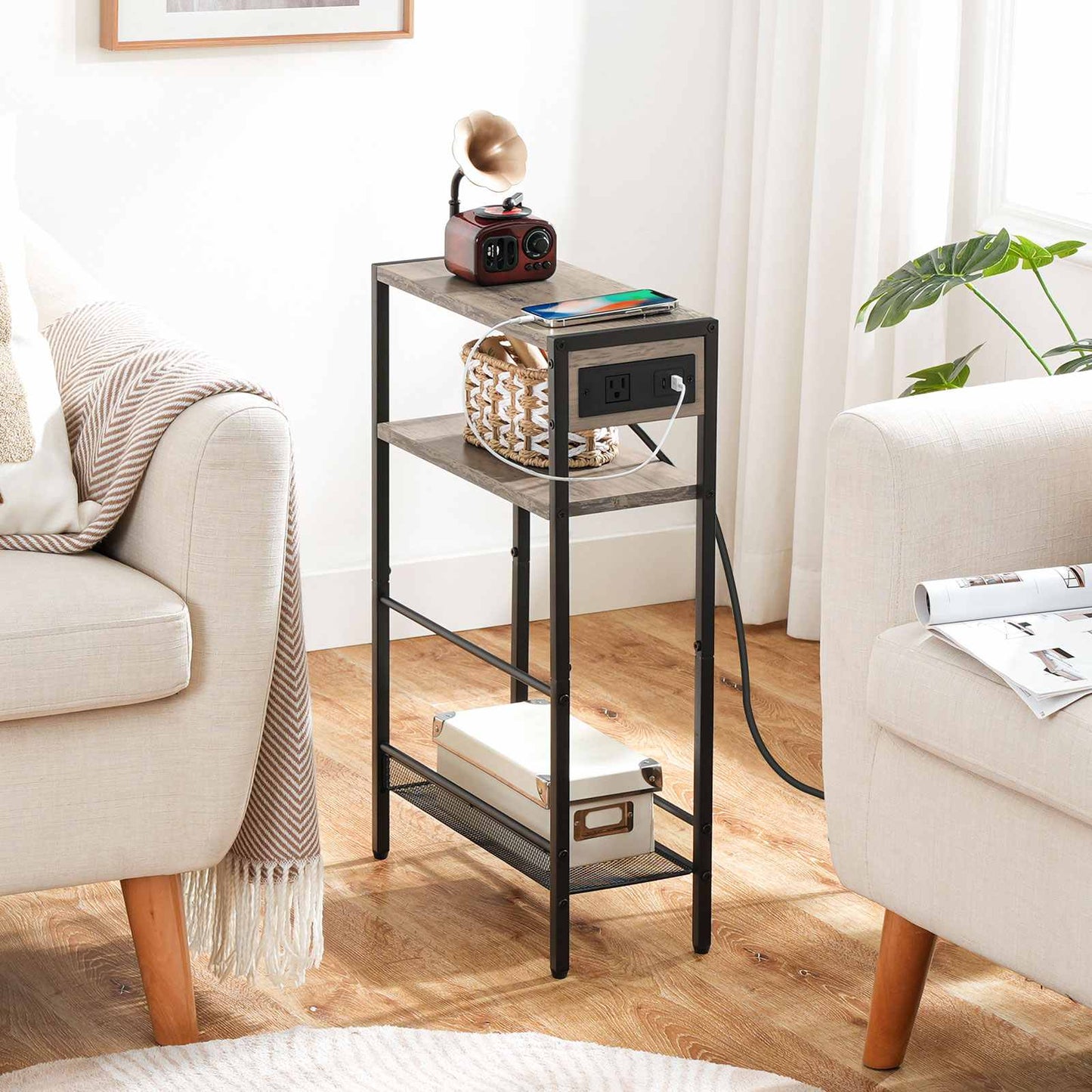 Small Narrow Side Table with Charging Station with Storage - Greige & Black