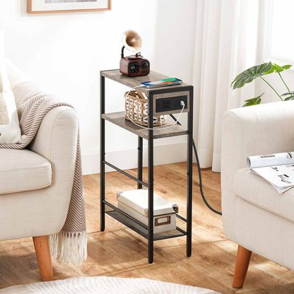 Small Narrow Side Table with Charging Station with Storage - Greige & Black