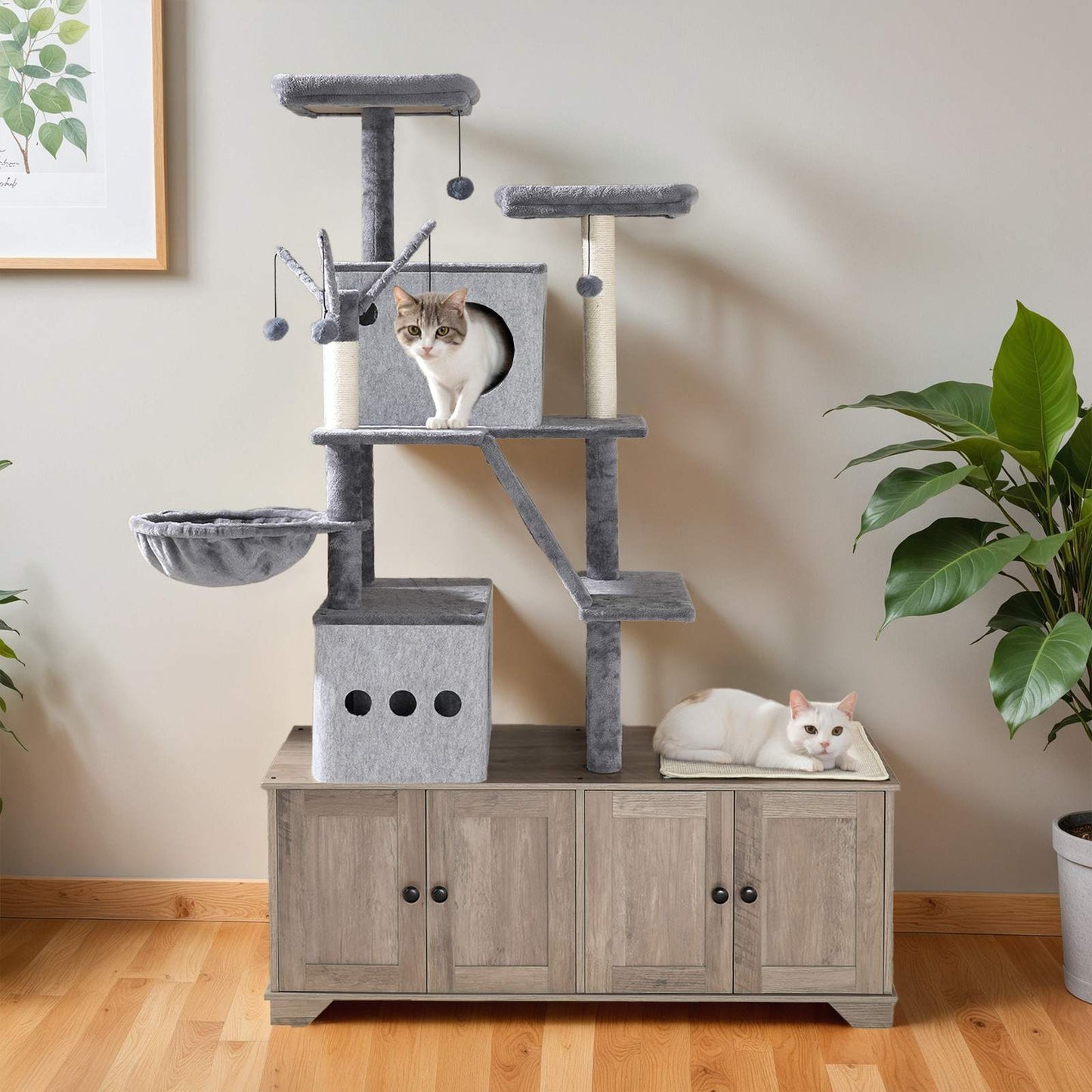 Double Litter Box Enclosure with Cat Tree