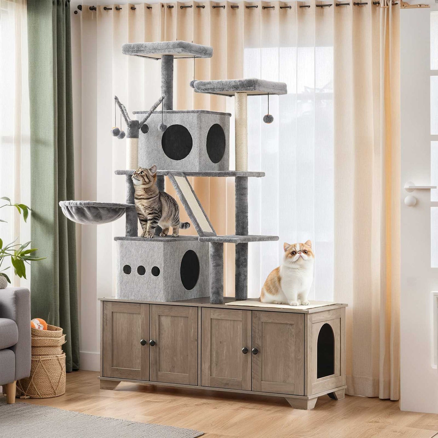 Double Litter Box Enclosure with Cat Tree