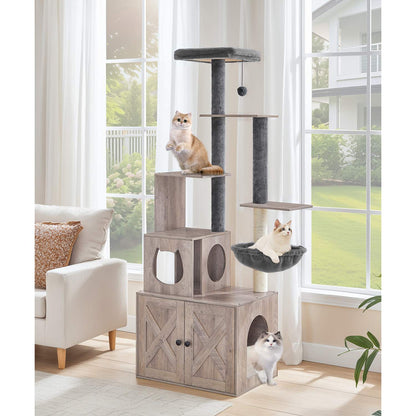 Cat Tree with Litter Box Enclosure - Grey
