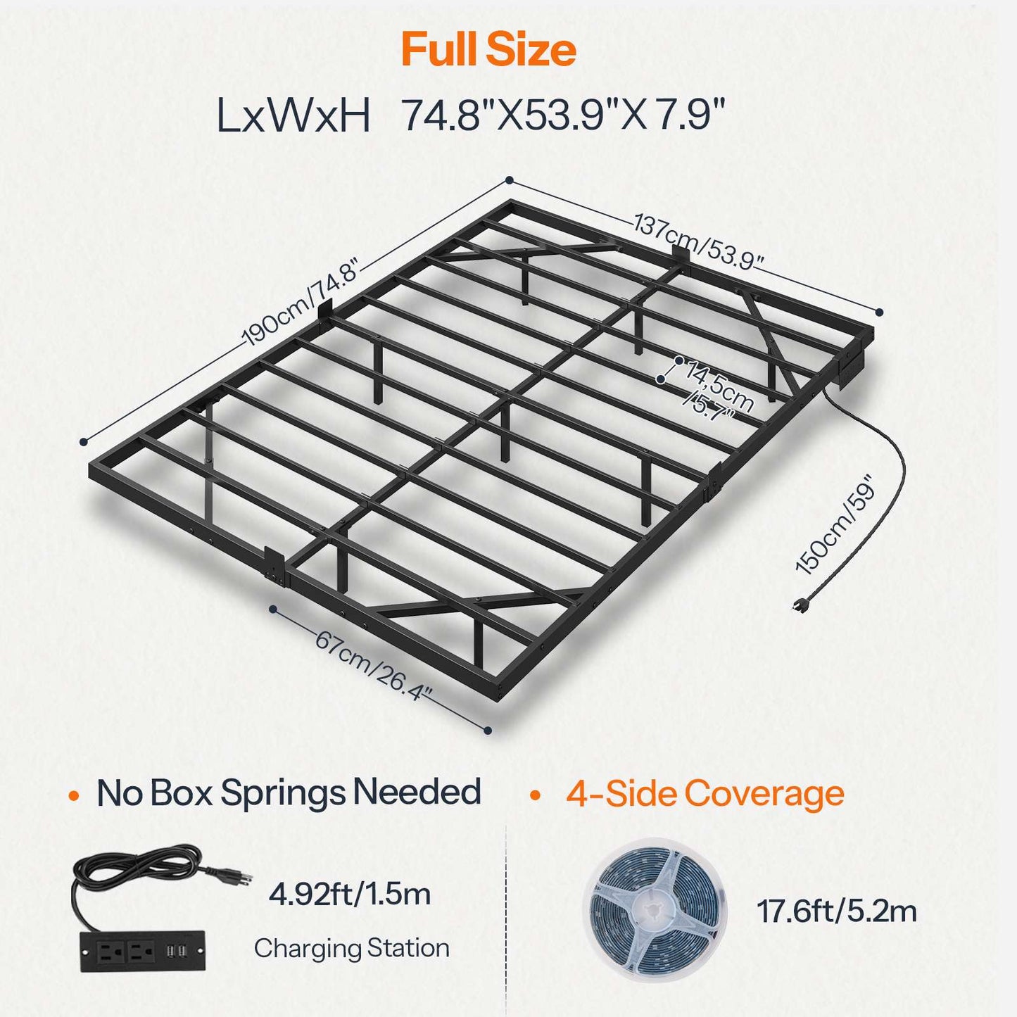 Floating Bed Frame Full Size with Charging Station, LED - Black