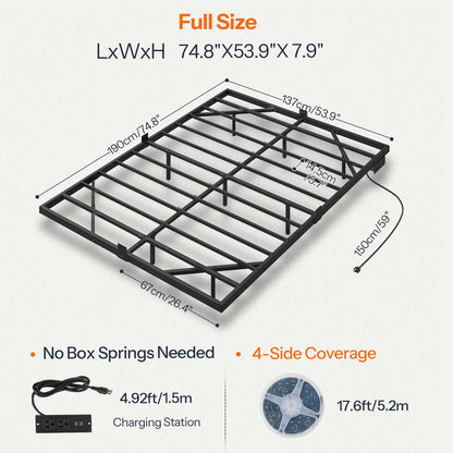 Floating Bed Frame Full Size with Charging Station, LED - Black