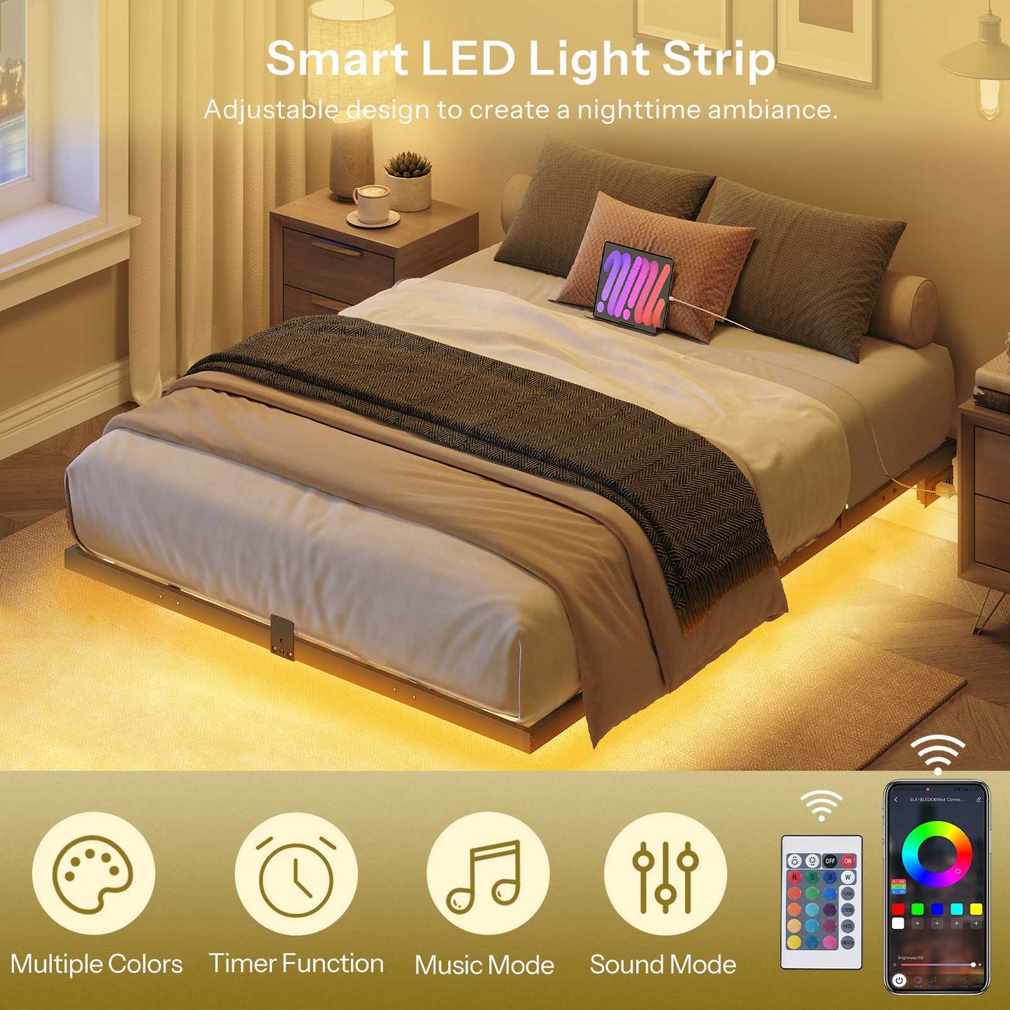 Floating Bed Frame Full Size with Charging Station, LED - Black