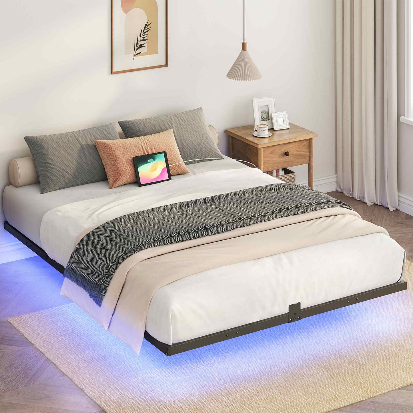 Floating Bed Frame Full Size with Charging Station, LED - Black