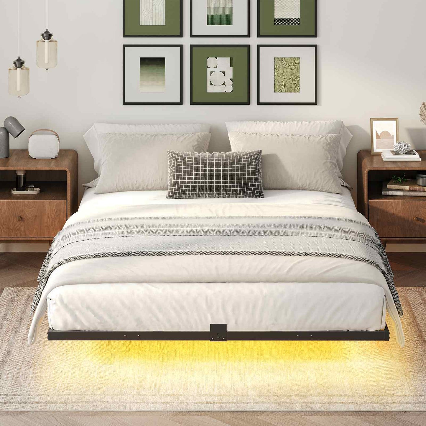 Floating Bed Frame Full Size with Charging Station, LED - Black