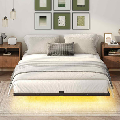Floating Bed Frame Full Size with Charging Station, LED - Black