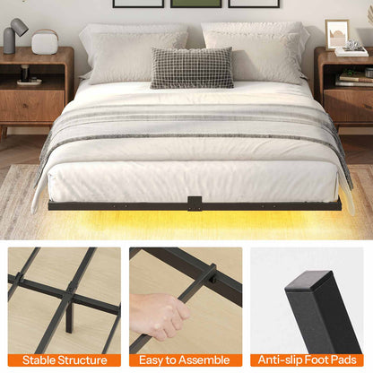 Floating Bed Frame Full Size with Charging Station, LED - Black