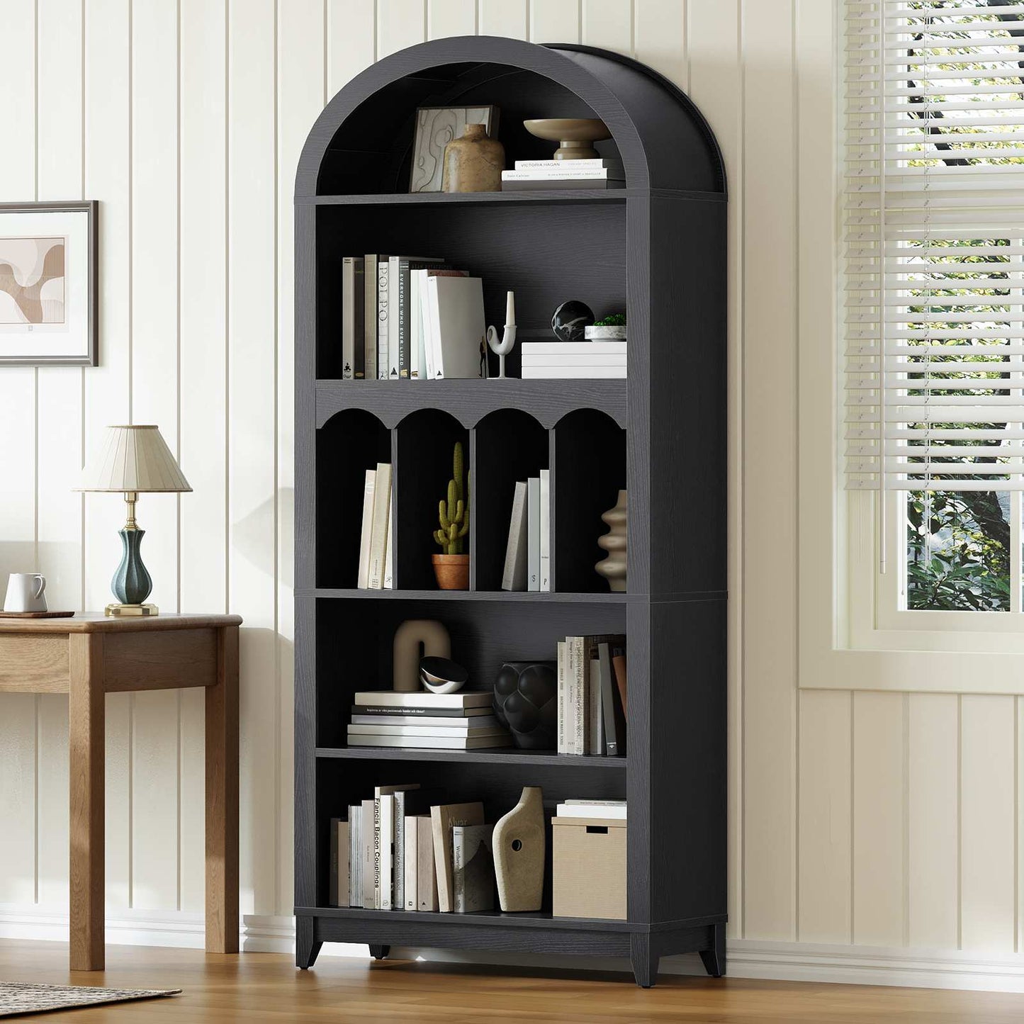 Arched Bookshelf with Storage - Black - HWLEXTRA 