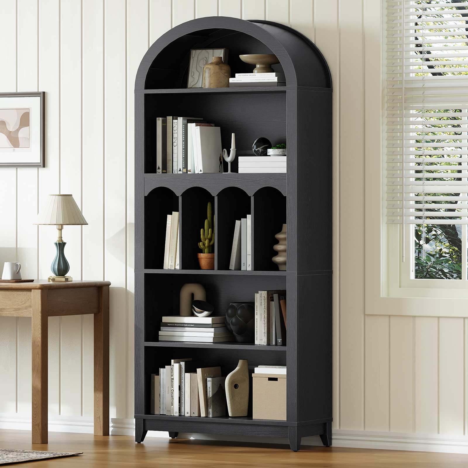 Arched Bookshelf with Storage - Black - HWLEXTRA 