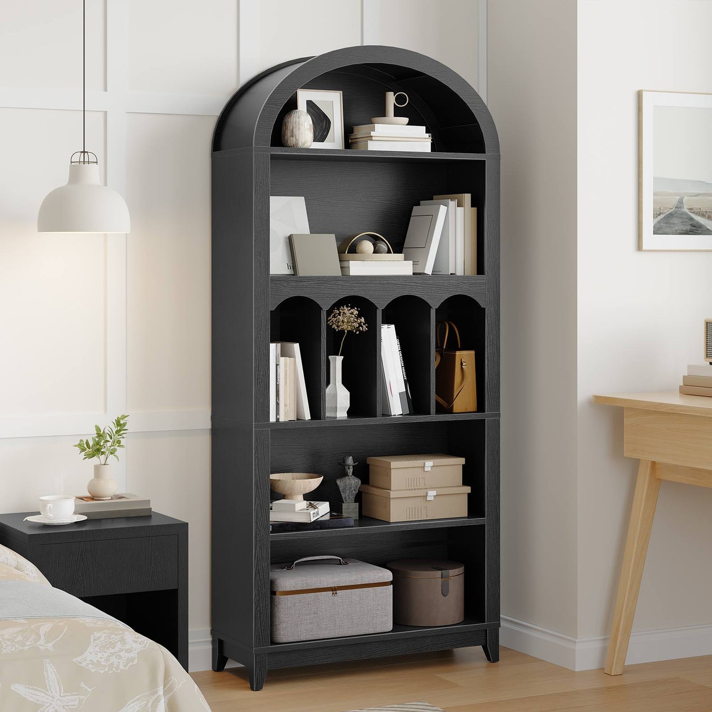 Arched Bookshelf with Storage - Black - HWLEXTRA 