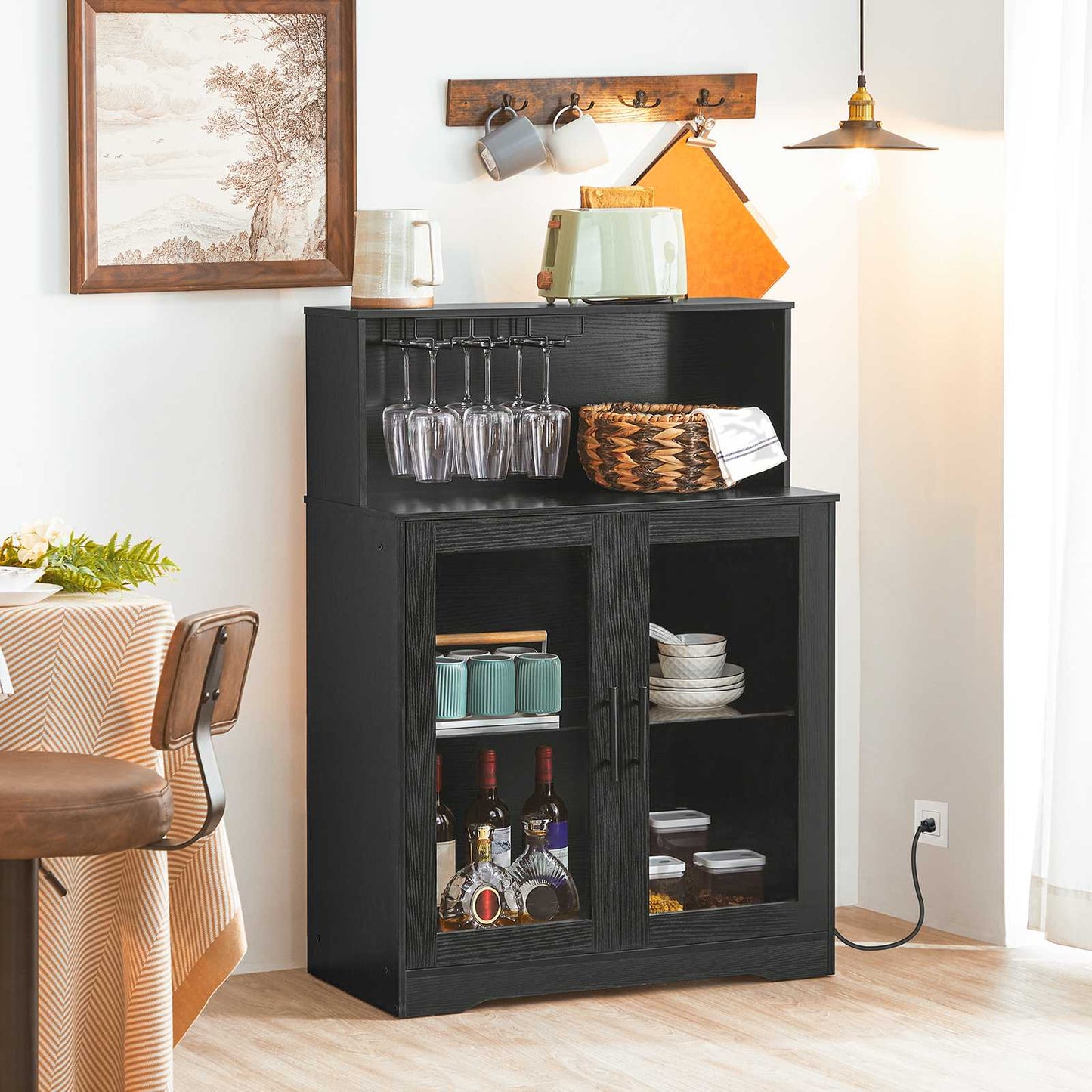 wine bar cabinets with storage with Power Outlets, Coffee Bar - black