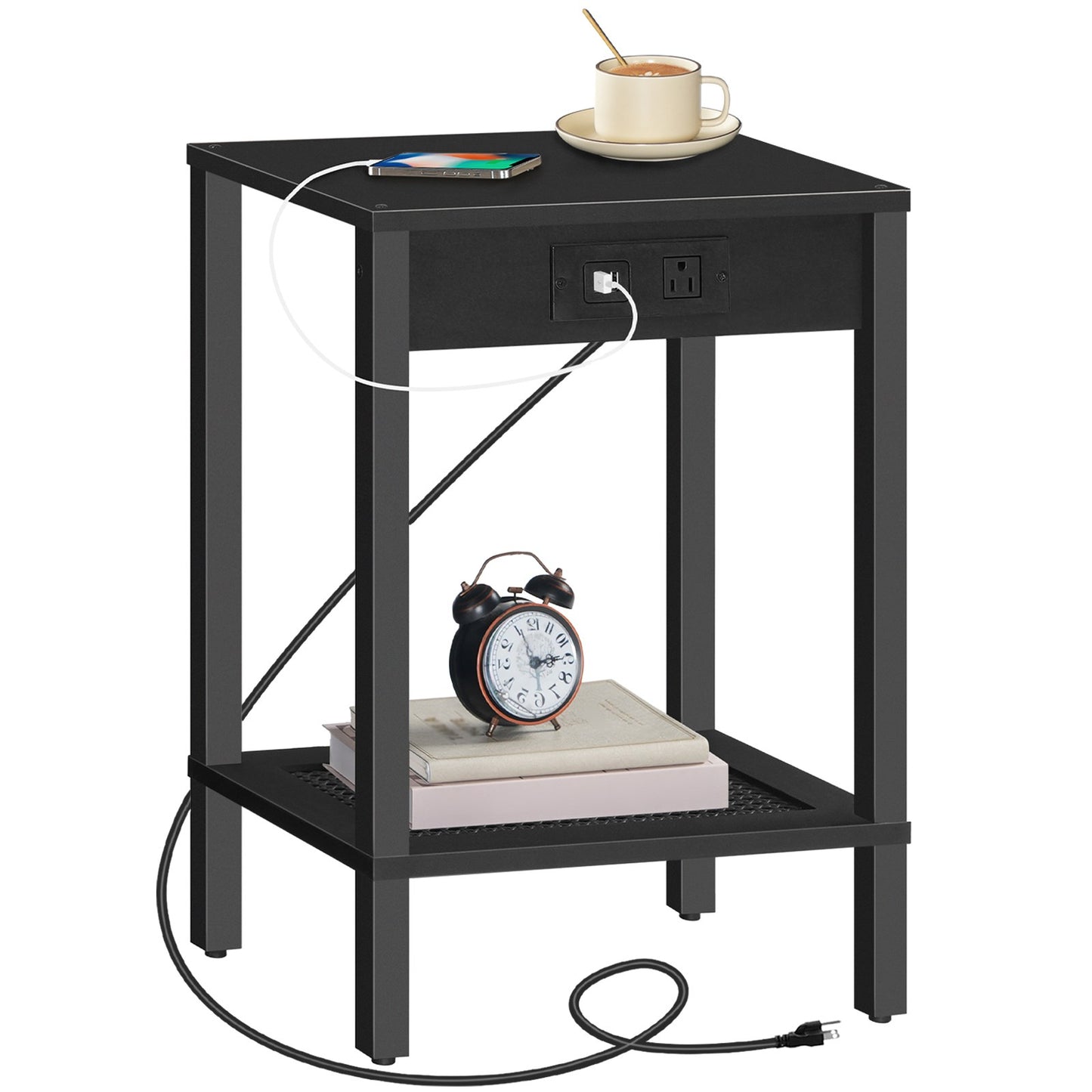 Side Table with Charging Station - Black