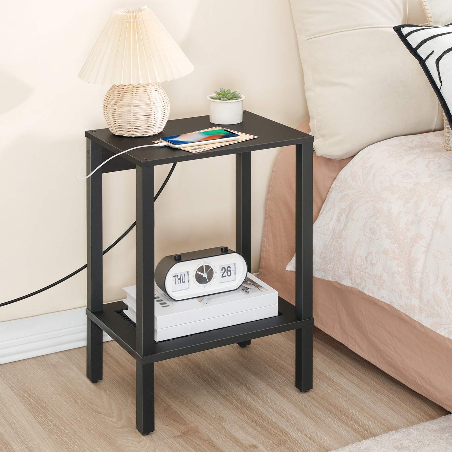 Side Table with Charging Station - Black