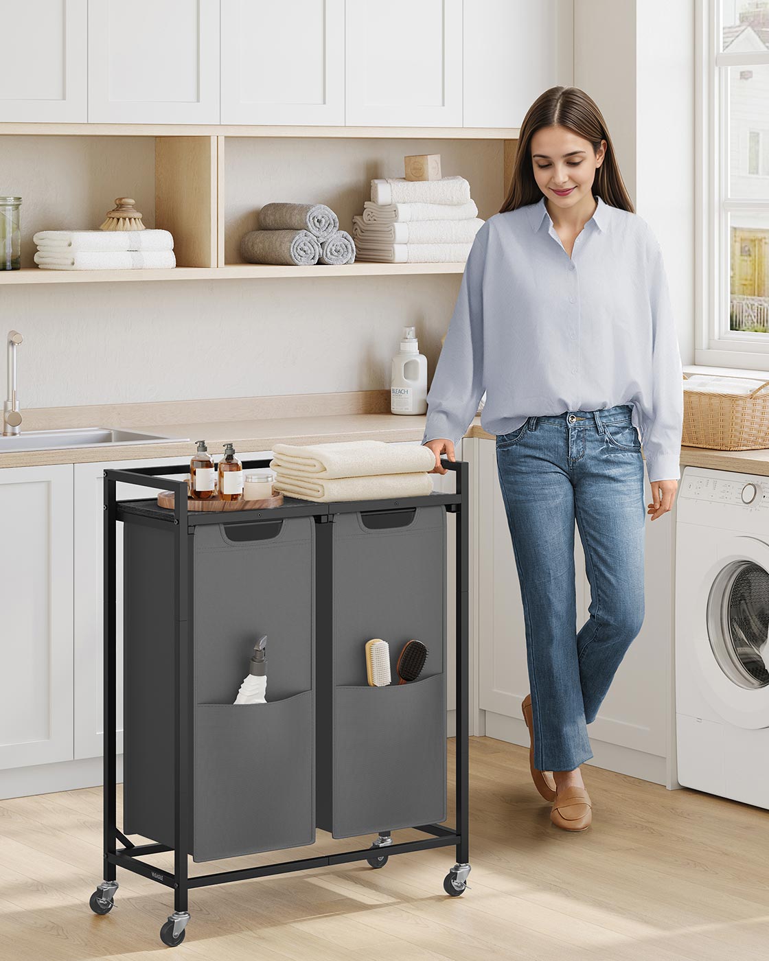 Laundry Sorter, 29 Gal. (110 L) Laundry Hamper Basket with 2 Compartments, Slate Gray and Charcoal Gray