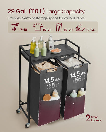 Laundry Sorter, 29 Gal. (110 L) Laundry Hamper Basket with 2 Compartments, Slate Gray and Charcoal Gray