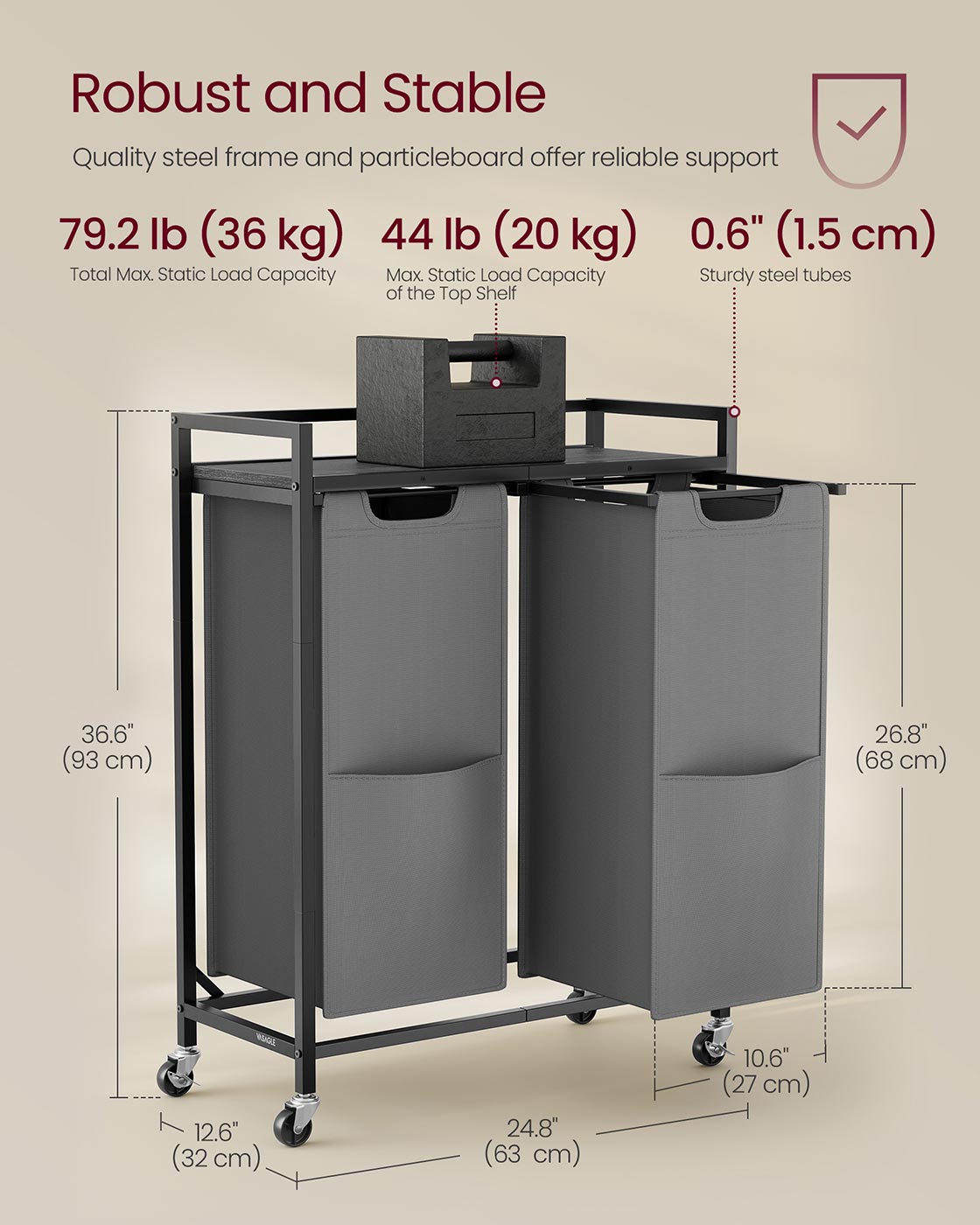 Laundry Sorter, 29 Gal. (110 L) Laundry Hamper Basket with 2 Compartments, Slate Gray and Charcoal Gray