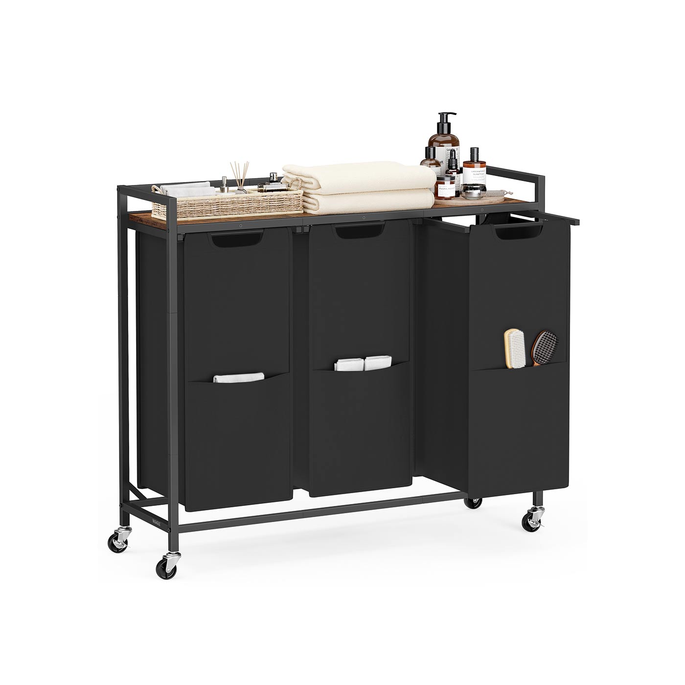 Laundry Sorter, 43.5 Gal. (165 L) Laundry Hamper Basket with 3 Compartments, Ink Black and Rustic Brown